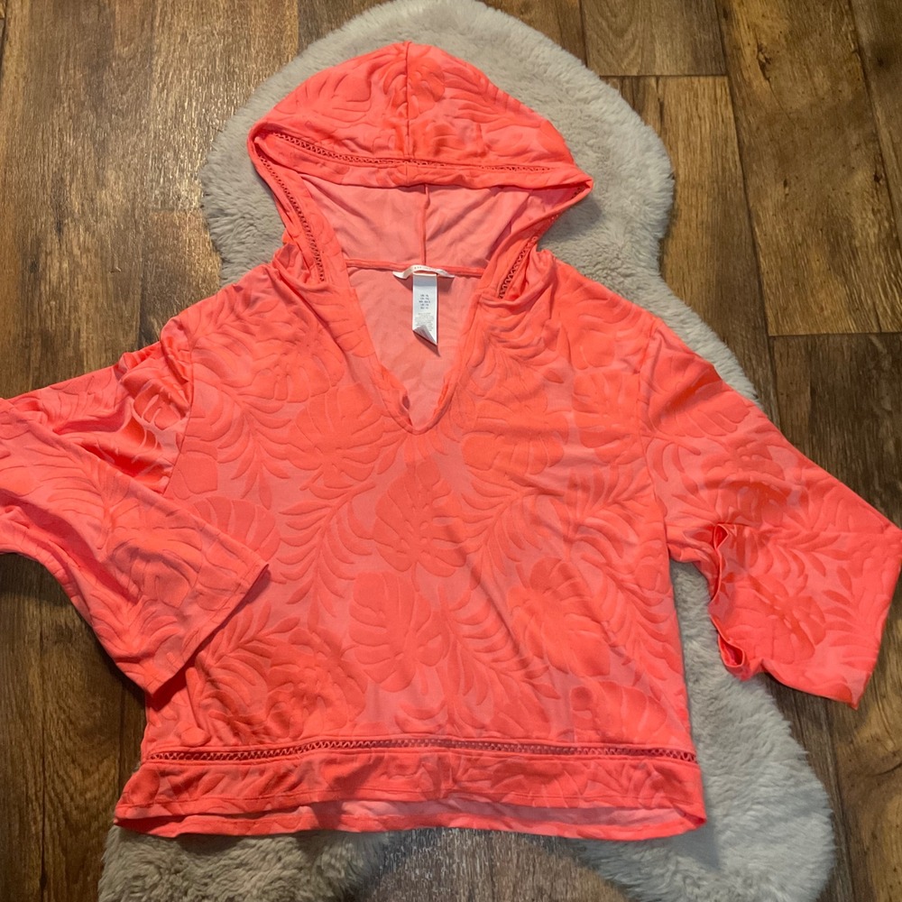 LA Blanca Size XL Pullover Hooded Terrycloth Palm Long Sleeve Peach‎ Womens Top